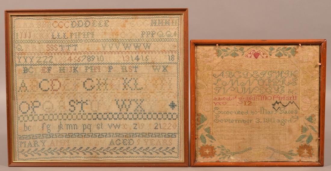 Two 19th Century Needlework Samplers.: Two 19th Century Needlework Samplers. Framed, largest measures 14-1/4" x 16-1/2". Condition: Good with toning, wear and loss.