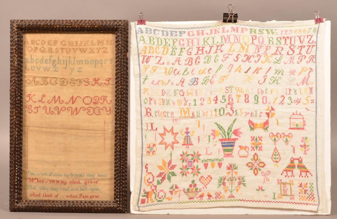 Two Needlework Samplers.: Two Needlework Samplers. One in a tramp art frame, largest is unframed and measures 17" square. Condition: Good with toning and wear.