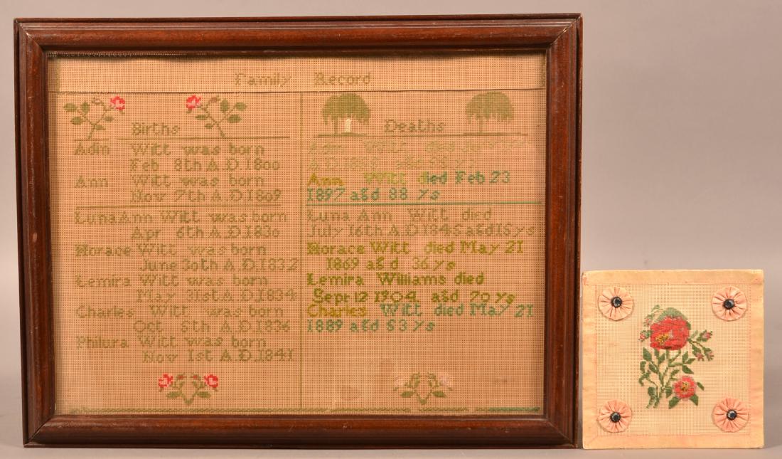 Two Victorian Punchcard Needleworks.: Two Victorian Punchcard Needleworks. Larger is a family record and framed, 13" x 17", smaller is unframed. Condition: Good with toning and wear.