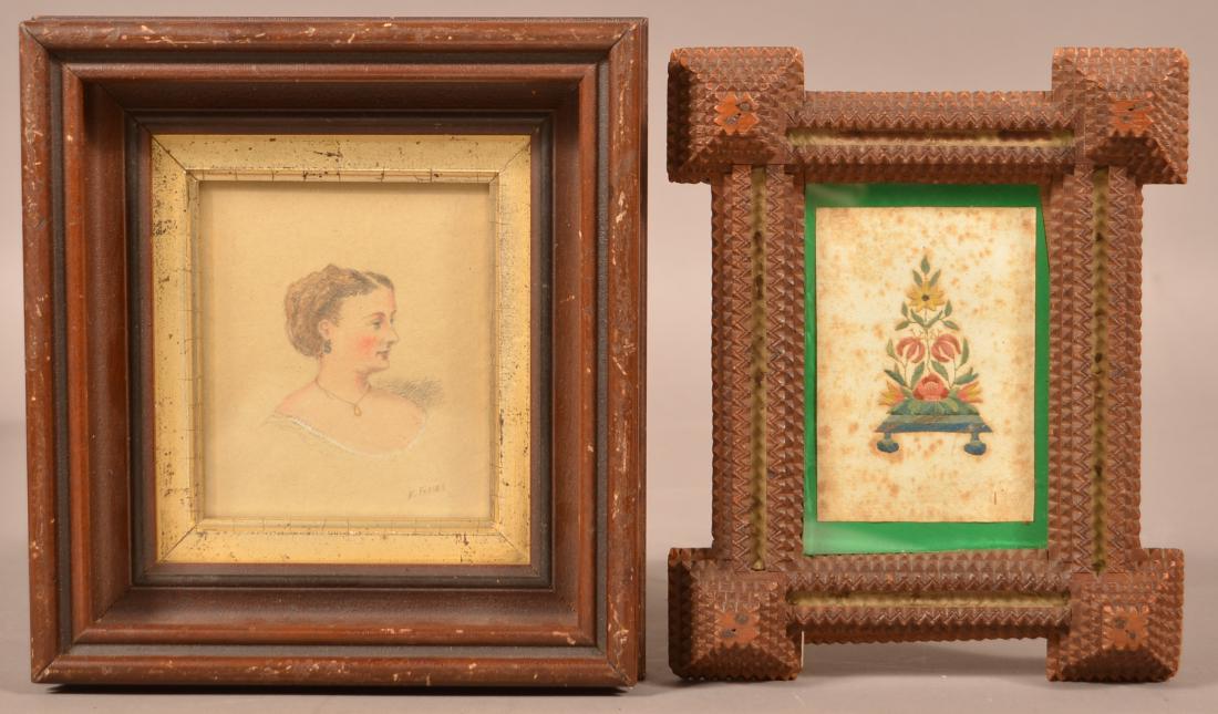 Two 19th Century Framed Items.: Two 19th Century Framed Items. Watercolor drawing bust of a woman signed "E. Farley". 8-1/2" x 7-3/4" overall. And a floral needlework in a tramp art frame, 8-1/4" x 6-3/4" overall. Condition: Good wi