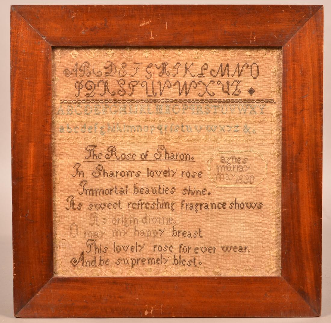 Agnes Murray 1830 Alphabet & Verse Sampler.: Agnes Murray 1830 Alphabet and Verse Sampler. Framed, 16-1/4" square overall. Condition: Good with toning.