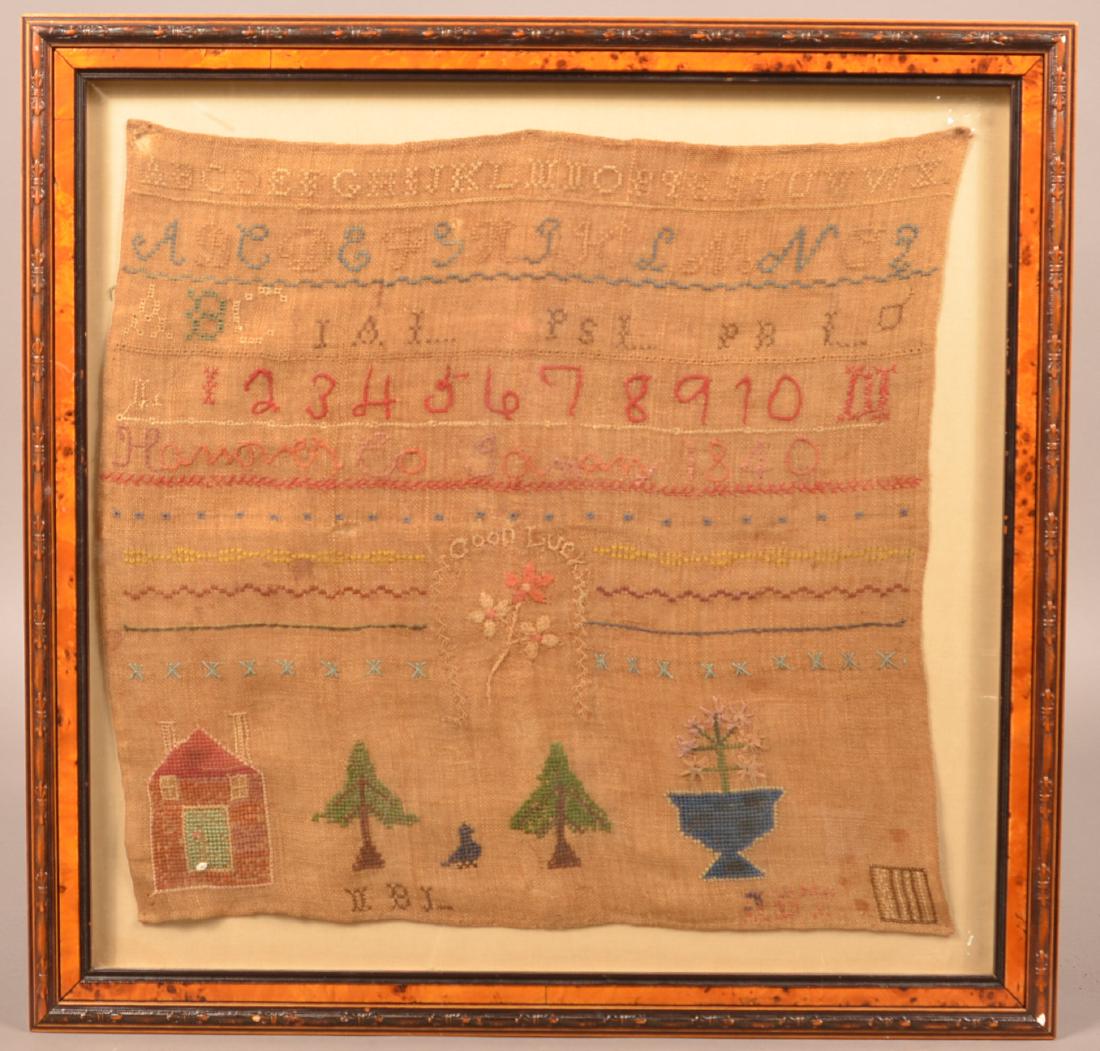Hanover County 1840 Alphabet Sampler.: Hanover County 1840 Alphabet Sampler. Name is illegible. Framed, 21-1/2" x 22" overall. Condition: Good with toning and loss.
