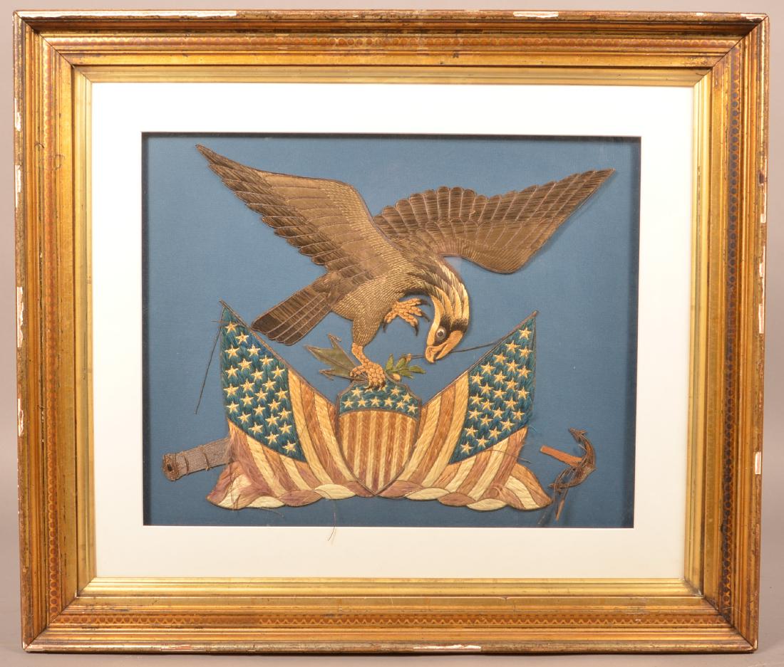 Patriotic 19th Century Pictoral Silk Needlework.: Patriotic 19th Century Pictoral Silk Needlework. Spread-wing Eagle with American Shield and Flags. Framed and matted, 25" x 29" overall. Condition: Good with wear and loss.