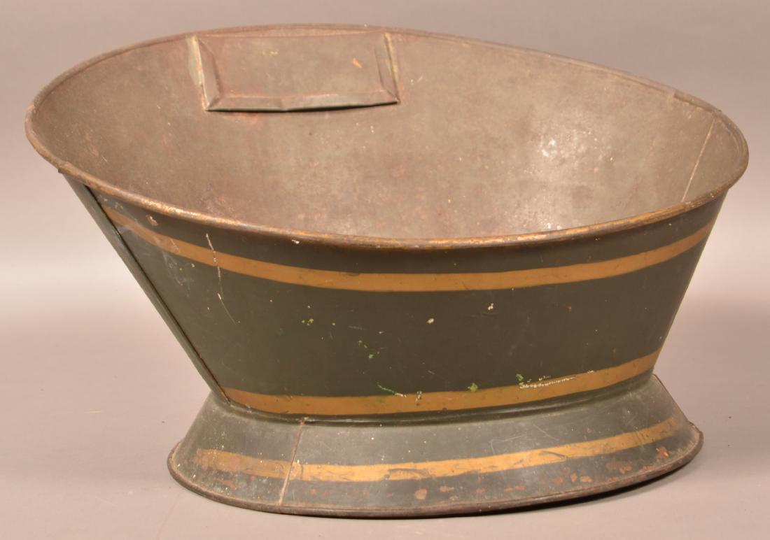 Antique Tin Country Store Tub Form Display.: Antique Tin Country Store Tub Form Display. Used for Fruits and vegetables, with price card holder. 10-3/4"h. x 18" diam. Condition: Good with minor rust and wear. Original paint.