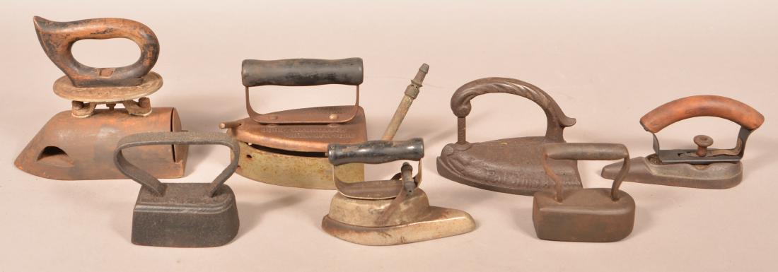 Seven Various Antique Sadirons and Flat Irons.: Seven Various Antique Sadirons and Flat Irons. Tallest measures 7-1/2"h. Condition: Good with use wear and scattered rust.