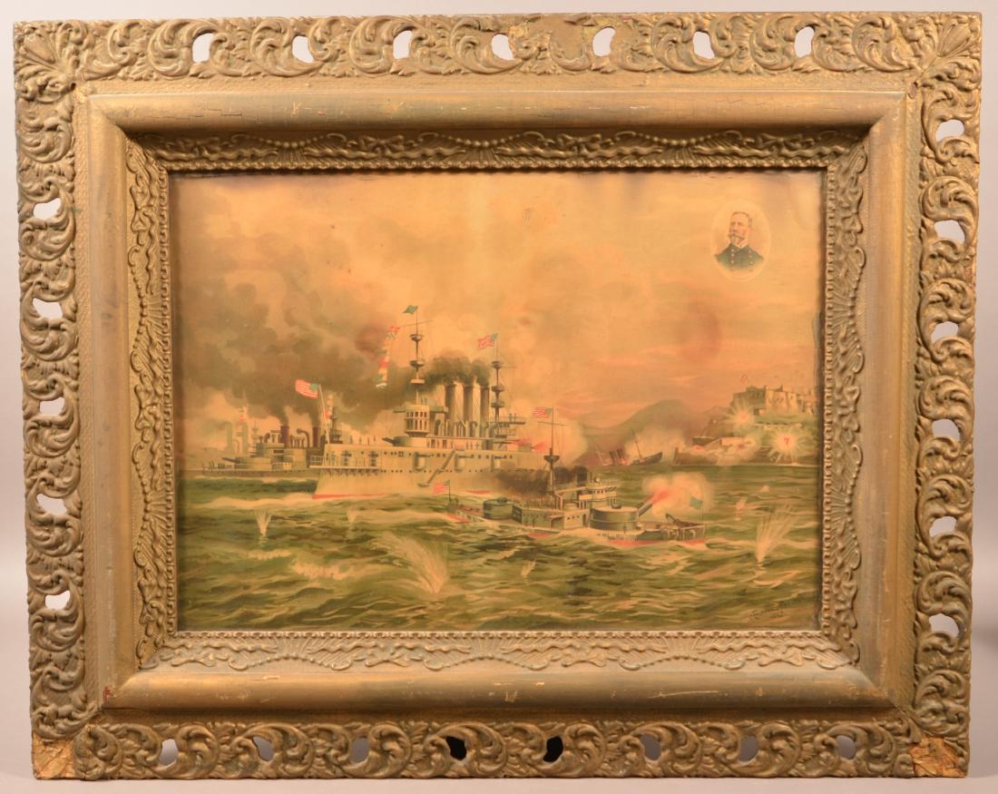 Spanish American War Color Lithograph.: Spanish American War Color Lithograph. "Bombardment and Sinking of the Merrimack" at Santiago, Cuba. by Xanthus Smith 1898, Print by J. Hoover & Son, Phila, 1898 copyright. Framed, 32" x 40" overall. 