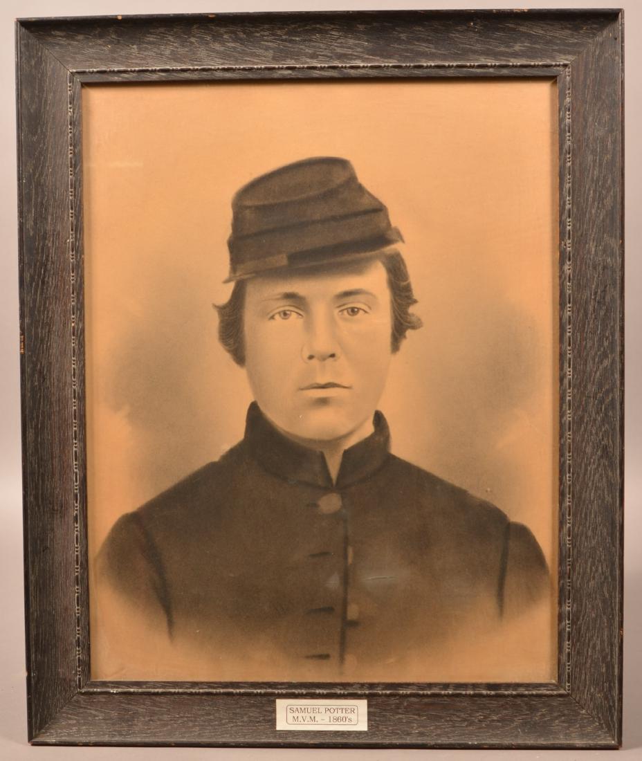 Charcoal Bust Image of a Civil War Soldier.: Charcoal Bust Image of a Civil War Soldier. Identified as "Samuel Potter M.V.M - 1860's". Framed, 22-3/4" x 18-1/2" overall. Condition: Good with wear and toning.