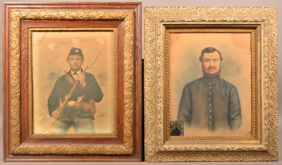 Two Pastel Images of Civil War Soldiers.: Two Pastel Images of Civil War Soldiers. In Uniform one is holding a musket with bayonet and has a revolver in his belt. The other is accompanied with a tintype the image was copied from. Both are fra