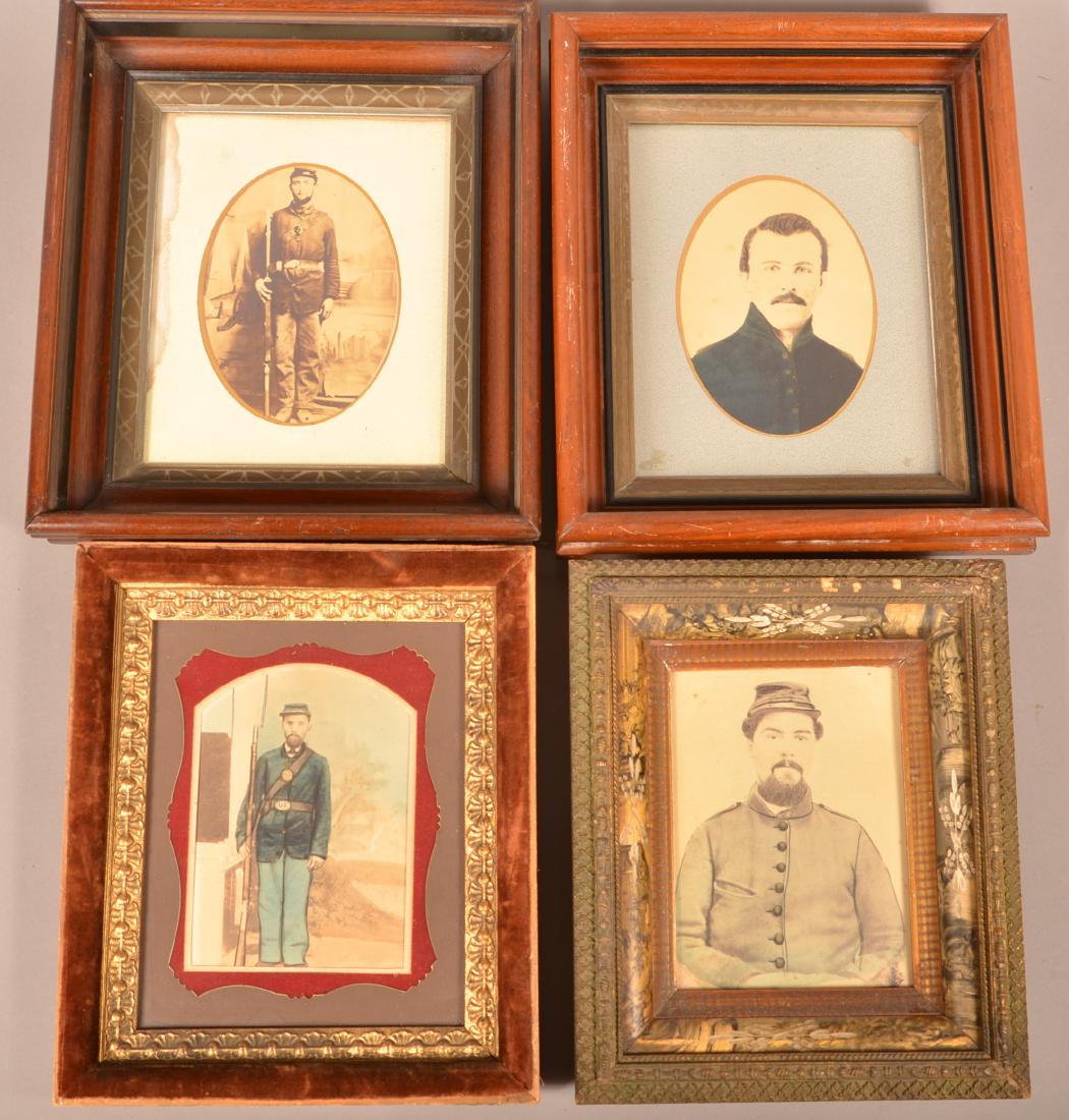 Four Various Framed Civil War Soldier Images.: Four Various Framed Civil War Soldier Images. All are in uniform, two are holding muskets with bayonets. Largest measures 14" x 12" overall. Condition: Good with toning and stains.