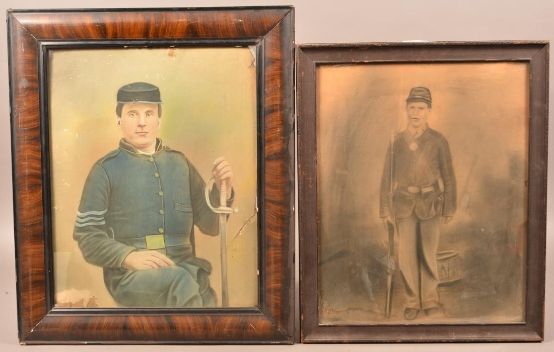 Two Pastel Images of Civil War Soldiers.: Two Pastel Images of Civil War Soldiers. Both are in Uniform, one is seated holding a sword, one is standing holding a musket with bayonet. Both are framed, largest measures 25-1/2" x 21-1/4" Overall.