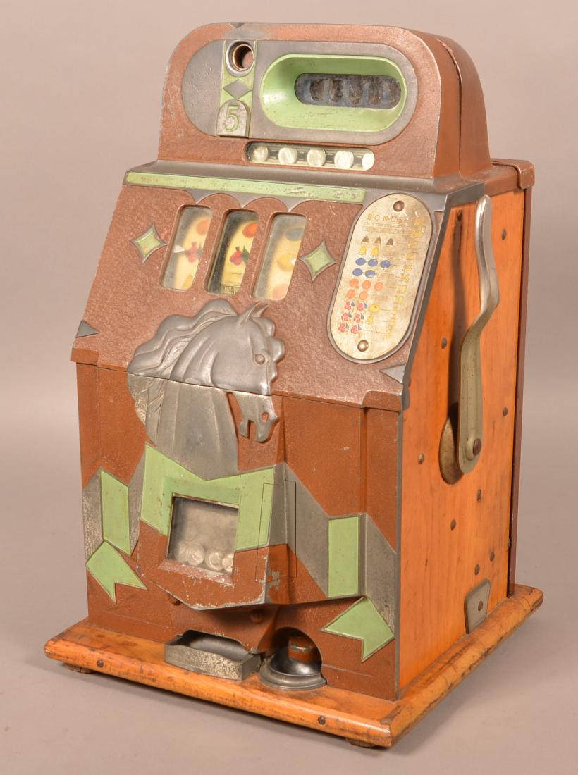 5 Cent Mills Horsehead Bonus Slot Machine.: 5 Cent Mills Hi-Top Horsehead Bonus Slot Machine. Circa. 1937, 26"h. x 16"w. x 15"d. Condition: Good with wear, paint is mostly original, working with key.