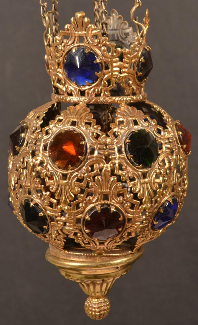 Antique Brass Jeweled Hanging Hall Light.: Antique Brass Jeweled Hanging Hall Light. 8"h., 18" overall. Condition: Good with minor use wear.