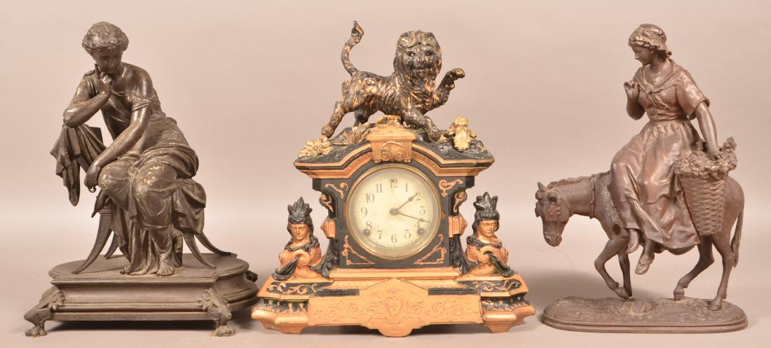 Sessions Metal Shelf Clock and two Garniutres.: Sessions Metal Shelf Clock and two Garniutres. Clock measures 18-1/4"h, garnitures measure 18-1/2"h. Condition: Clock is repainted and missing the pendulum, wear overall.