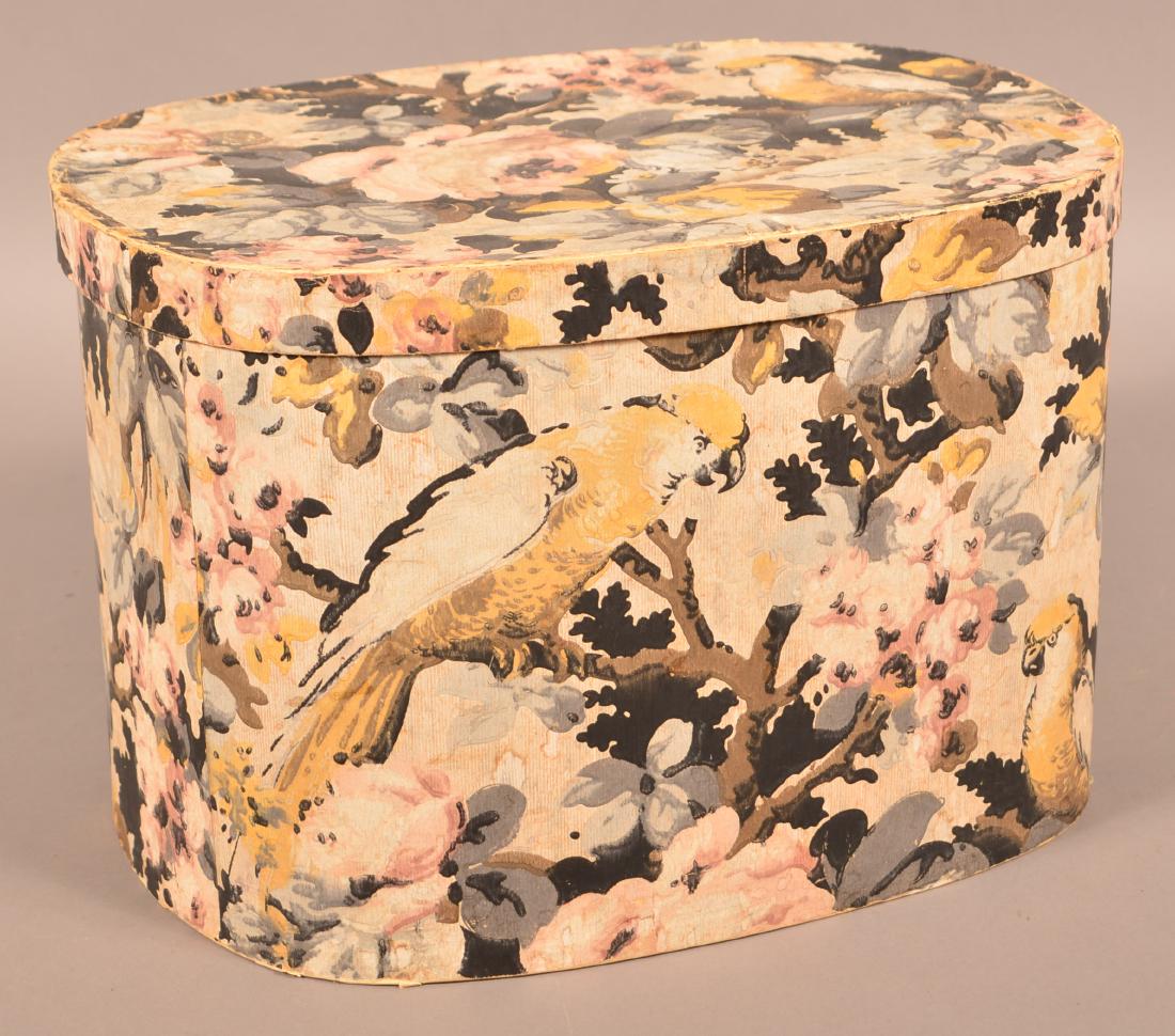 Vintage Wallpaper Covered Hat Box.: Vintage Wallpaper Covered Hat Box. Signed Florence L. Burlingame. 11-1/4"h. x 17"w. x 13-1/2"d. Condition: Good with wear.