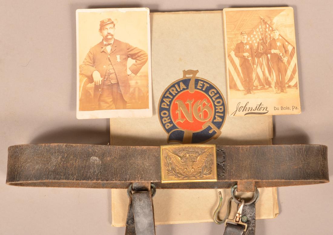 Belt w/1851 Pattern plate, GAR images, NYNG book: Grouping having a black leather waist belt marked "Horstmann" with sword hangers and 1851 Pattern wide tongue belt plate, GAR images, and a 7th Regiment NYNG book.