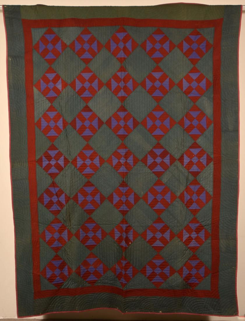 PA Amish Geometric Pattern Patchwork Quilt.: Pennsylvania Amish Geometric Pattern Patchwork Quilt. 72" x 95". Condition: Good with wear/holes.
