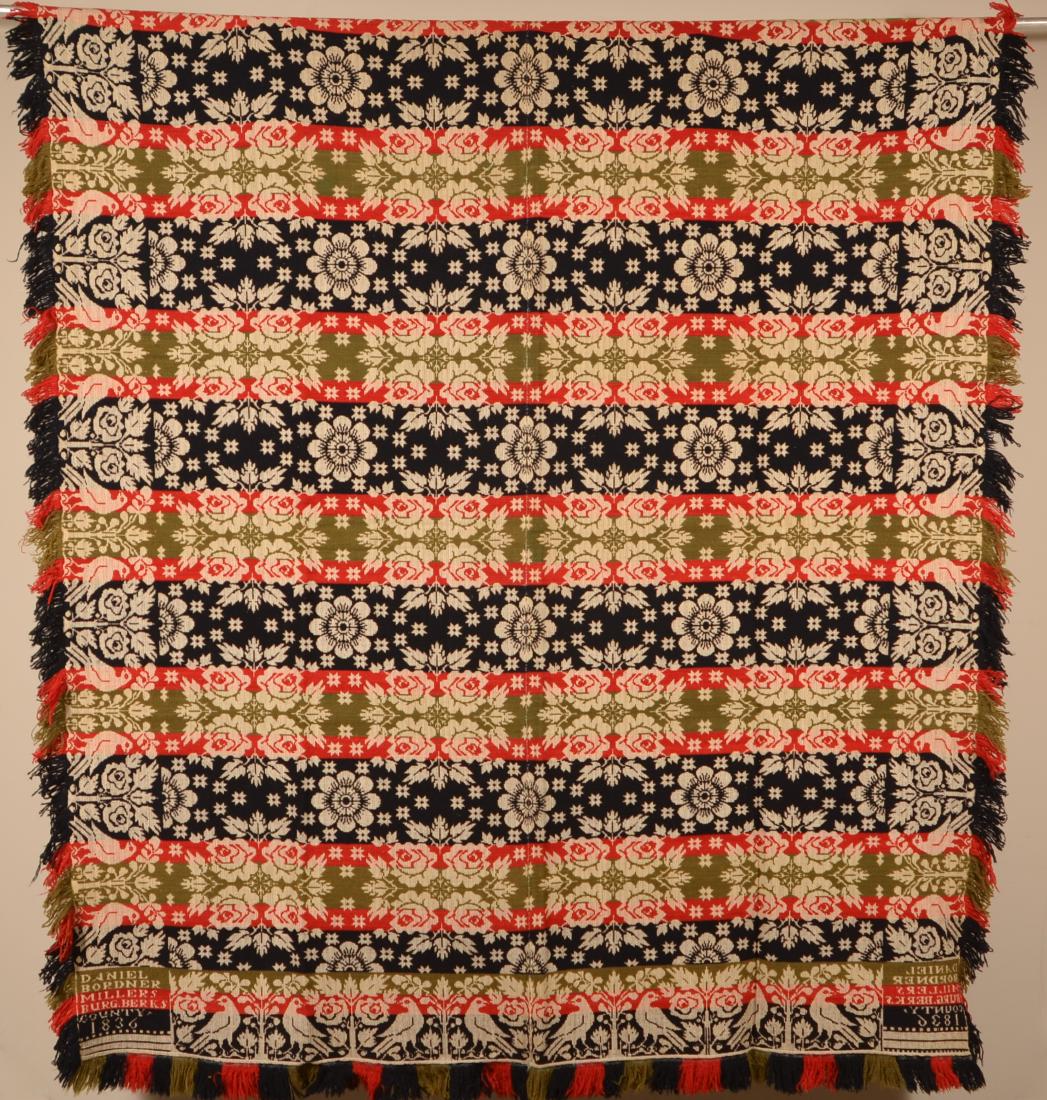 1836 Berks County, PA Jacquard Coverlet.: 1836 Berks County, PA Four Color Two Part Woven Jacquard Coverlet. Signed "Daniel Bordner, Millersburg, Berks County 1836". 82" x 89" not including fringe. Condition: Very good.