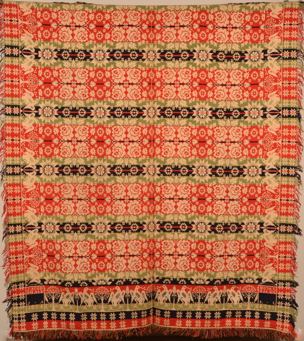 1834 Lebanon County, PA Jacquard Coverlet.: 1834 Lebanon County, PA Four Color Two Part Woven Jacquard Coverlet. Signed "Jacob Shalk J.A. 1834". 82" x 92" not including fringe. Condition: Very good.