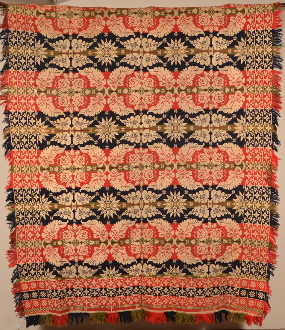 1842 Berks County, PA Jacquard Coverlet.: 1842 Berks County, PA Four Color Two Part Woven Jacquard Coverlet. Signed "David Brown 1842". 82" x 95" not including fringe. Condition: Very good.