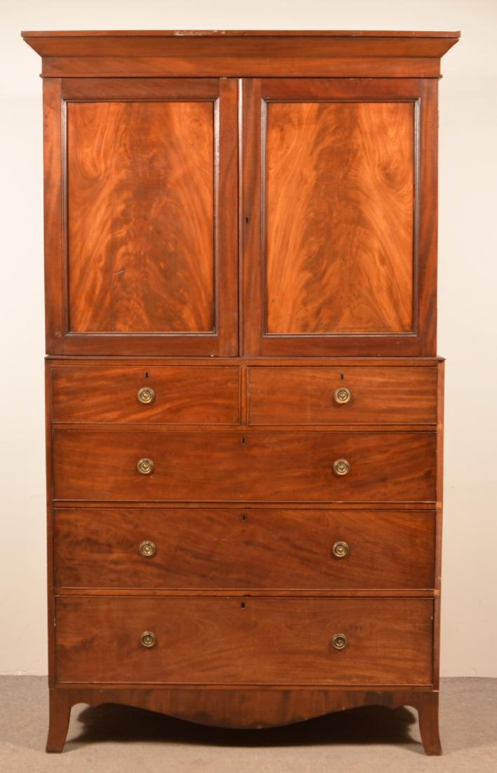 Hepplewhite Mahogany Two Part Linen Press.: Hepplewhite Mahogany Two Part Linen Press. 87"h. x 51"w. x 23-3/4"d. Condition: Good with wear and losses.