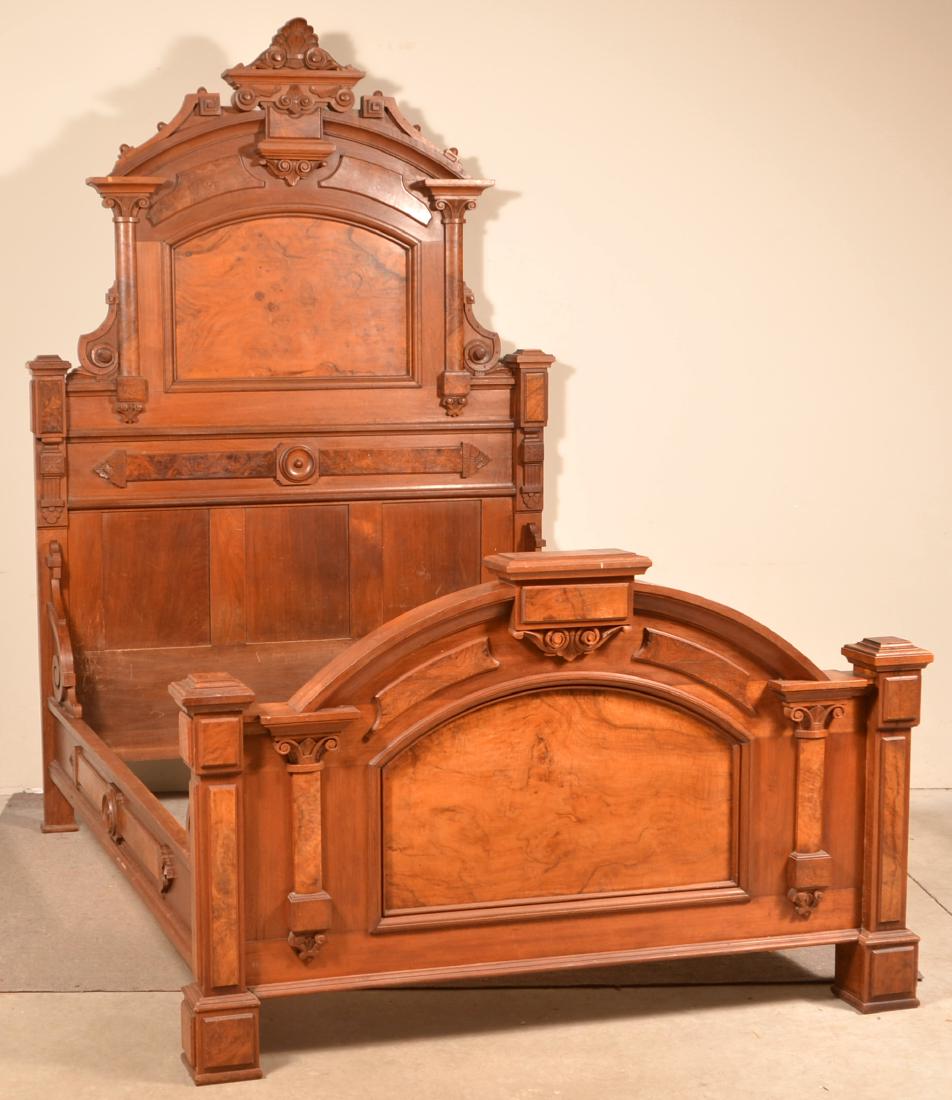 Victorian Walnut Carved Highback Bed.: American Victorian Walnut and Burl Walnut Carved and Molded Highback Bed. 93-1/2"h. x 62-1/2"w. Condition: Good with wear.