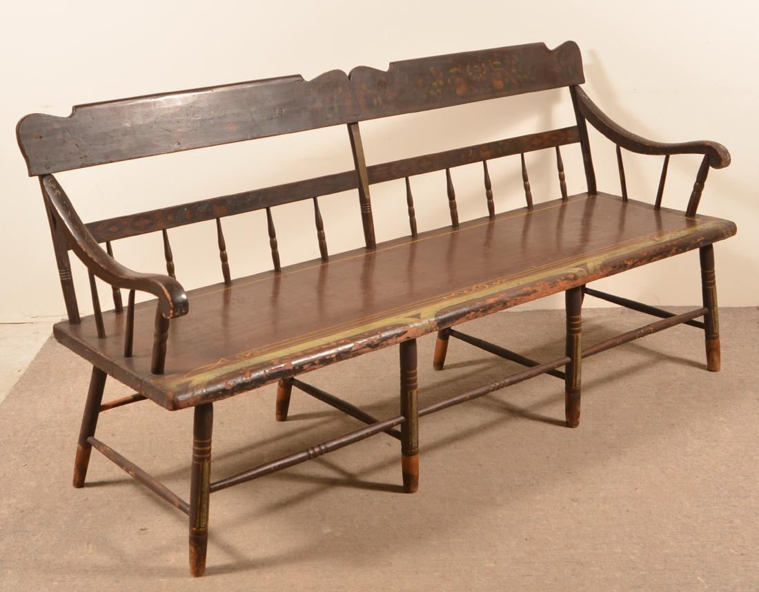 PA 19th Century Half-spindleback Painted Settee.: Pennsylvania 19th Century Half-spindleback Painted Settee. 35"h. x 70-3/4"l. Condition: Good with wear and restoration.