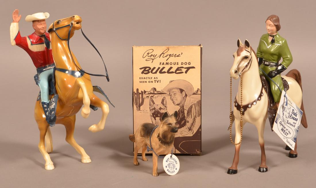 Hartland Plastic Roy Rogers and Dale Evans.: Hartland Plastic Roy Rogers and Dale Evans. Includes Roy Rogers with his horse Trigger, Dale Evans with her horse Buttercup and their dog Bullet. Both horses have saddles. All other accessories are mi