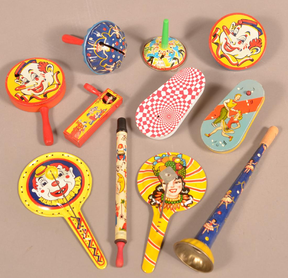 Lot of 11 Vintage Tin Lithograph Noisemakers.: Lot of 11 Vintage Tin Lithograph Noisemakers. Largest measures 11"l. Condition: Good with minor wear and dents.