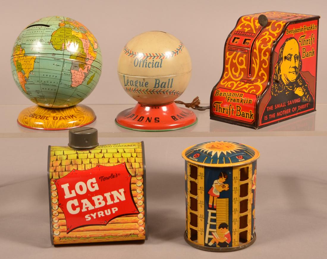 Five Vintage Tin Lithograph Still Banks. (1 of 2)