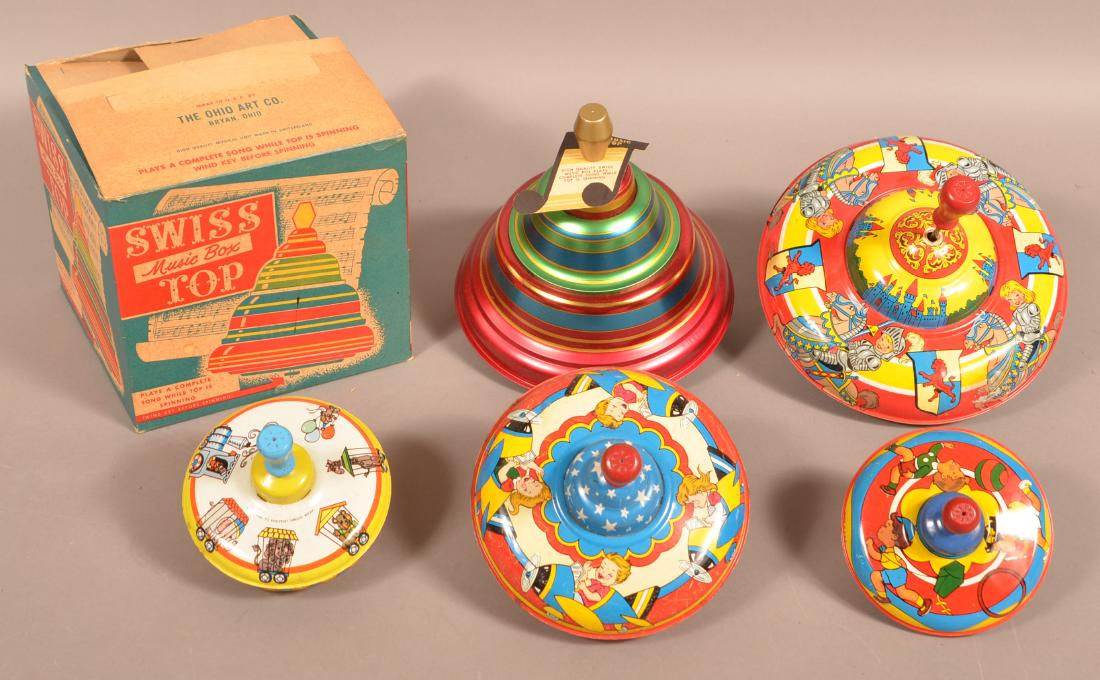 Five Vintage Ohio Art Tin lithograph Tops.: Five Vintage Ohio Art Tin lithograph Tops. Largest measures 10"h. Condition: Good with minor wear.