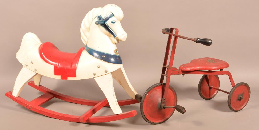 Vintage Child's Rocking Horse and Tricycle.: Vintage Child's Rocking Horse and Tricycle. Thayer Rocking horse, 20"l. and Badger Line "Buddie Bike", 23-1/2"l. Condition: Good with wear.
