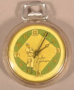 Vintage Jackie Robinson Pocket Watch.: Vintage Jackie Robinson Pocket Watch. Paper dial marked "Swiss Made". Works are mared "The E. Ingraham Company, Bristol, Conn.". 2" diam. Condition: Good with wear.