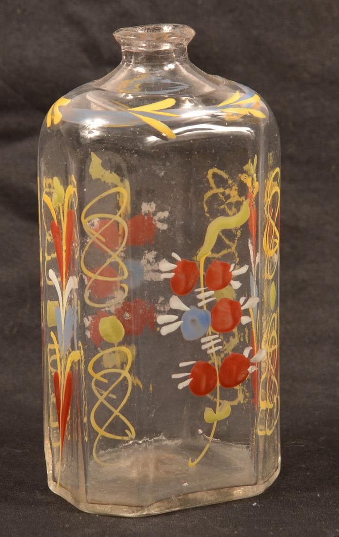Stiegel Type Blown Colorless Glass Cologne Bottle.: Stiegel-Type Blown Colorless Glass Cologne Bottle. Polychrome floral and foliate enamel decoration. 5-1/4" high. Condition: Good with minor wear.