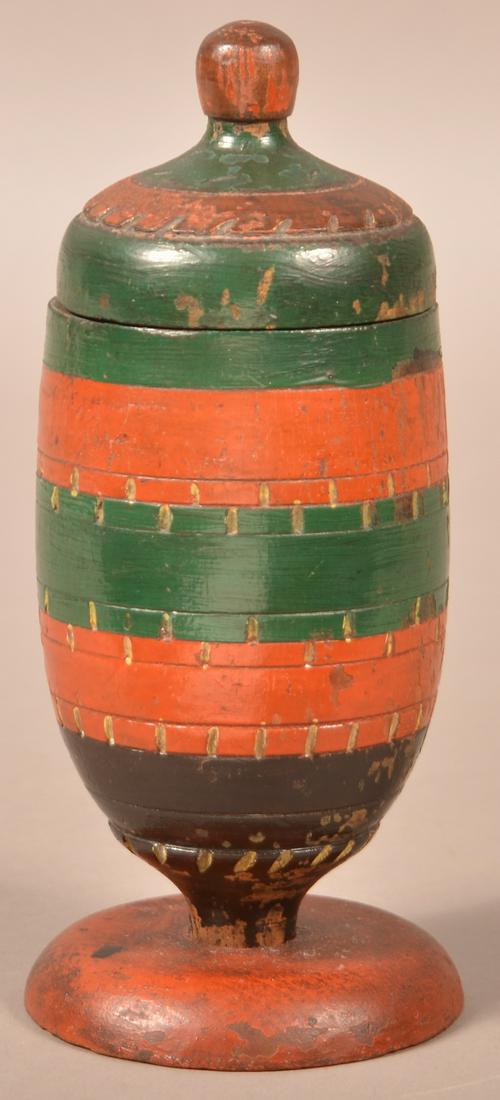 Mifflin County, PA Painted Wood Tobacco Canister.: Mifflin County, PA Turned and Painted Wood Tobacco Canister. Circa. 1830. Painted red, green and black with fluted bands. Provenance: A gift from Aunt Fanny Ellis Cumbler in 1962. It descended in the 