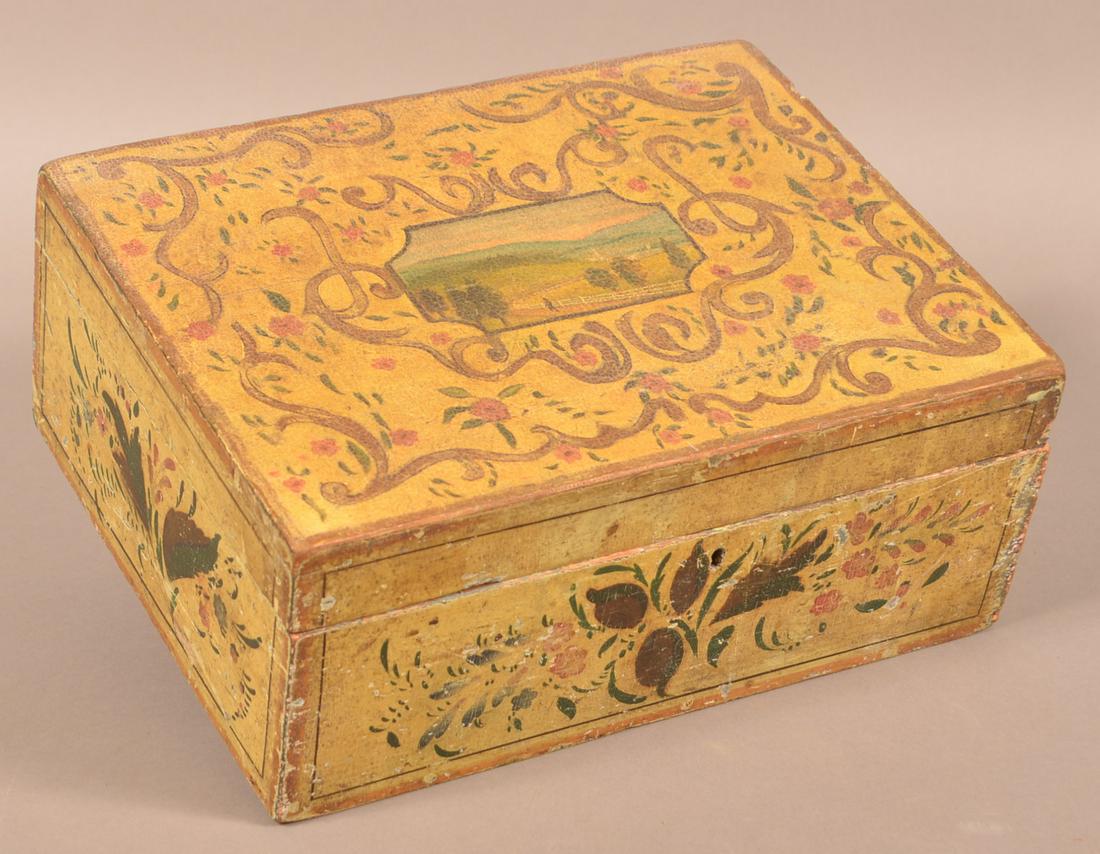 New England 19th Century Paint Decorated Sewing Box.: New England 19th Century Paint-Decorated Softwood Sewing Box. Wallpaper lined interior. 5"h. x 12"w. x 9"d. Condition: Good with wear.