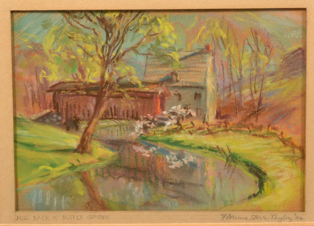 Small Florence Starr Taylor Pastel Drawing.: Small Florence Starr Taylor Pastel Drawing. Titled bottom left on matting "Mill Back of Maple Grove" and signed lower right on matting "Florence Starr Taylor '46". Framed and matted, 8-1/2" x 10-1/2" 