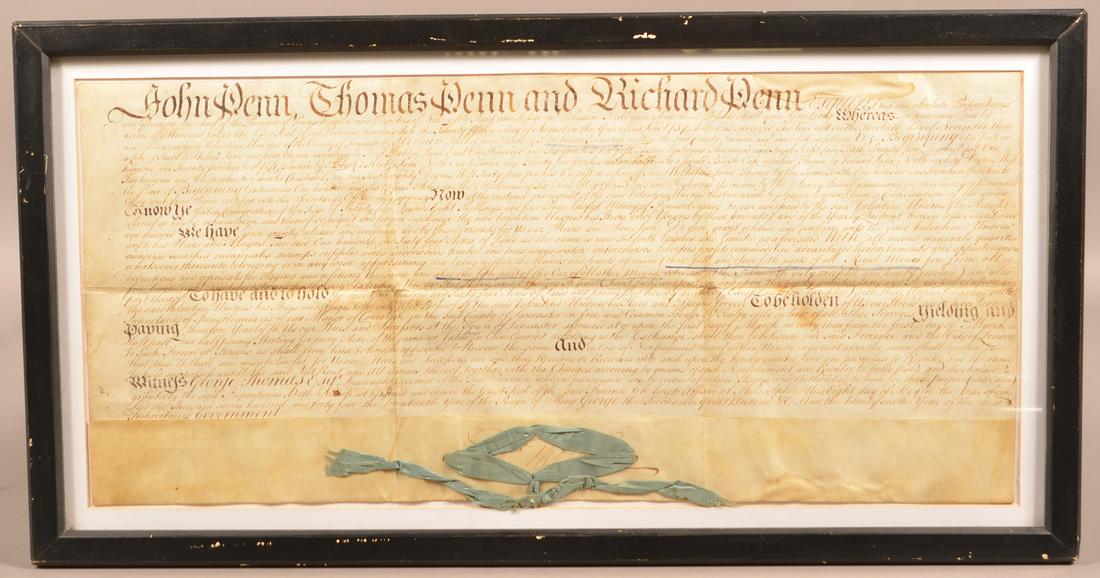 Penn 1737 Lancaster County, PA Land Indenture.: John, Thomas and Richard Penn 1737 Lancaster County, PA Land Indenture. For 164 acres from the Penns to Valentine Unrew, signed by Thomas Penn. Framed, 15" x 29" overall. Condition: Good with foxing a
