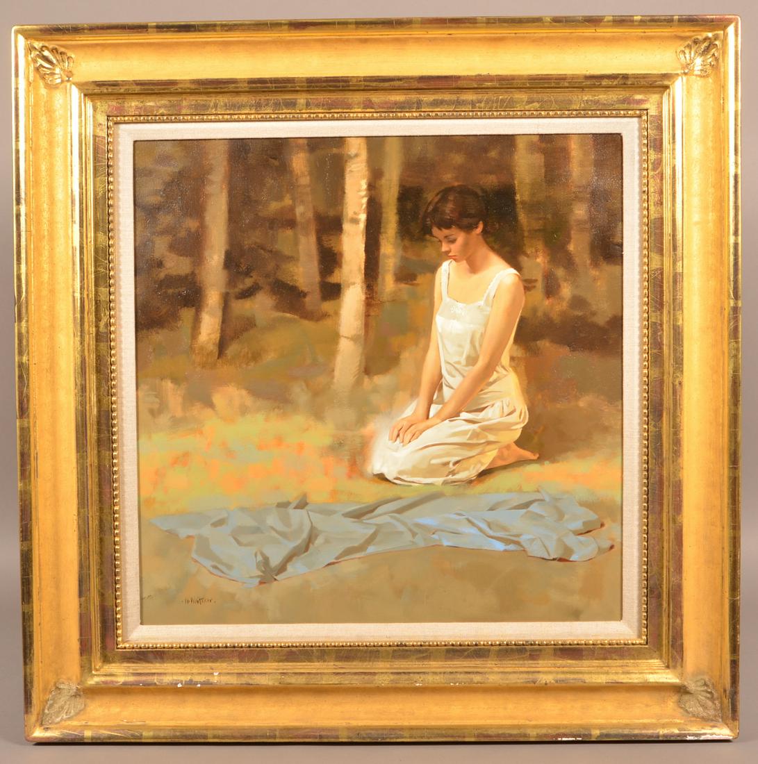 William Whitaker Kneeling Young Lady Oil on Panel.: William Whitaker Kneeling Young Lady Oil on Panel. (American 1943-2018). Signed "W. Whitaker" lower left. Framed 33-1/2" square overall. Condition: Very good.