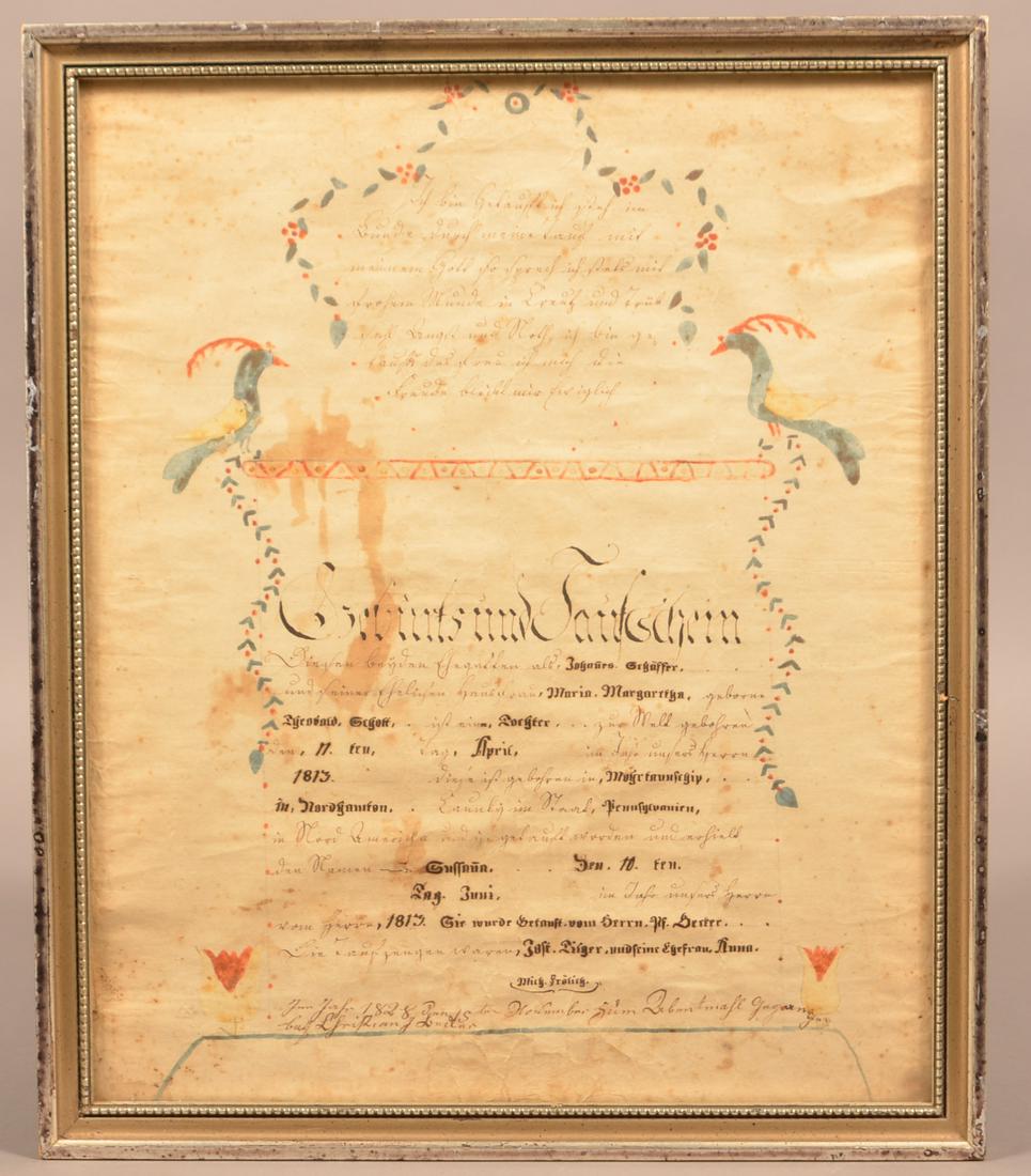 1813 Northampton County, PA Taufschein.: 1813 Northampton County, PA Taufschein. Hand inscribed and colored mirror image with birds, tulips and vines. In a later period frame, 17-1/4' x 14-1/2" overall. Condition: Good with foxing and wear.