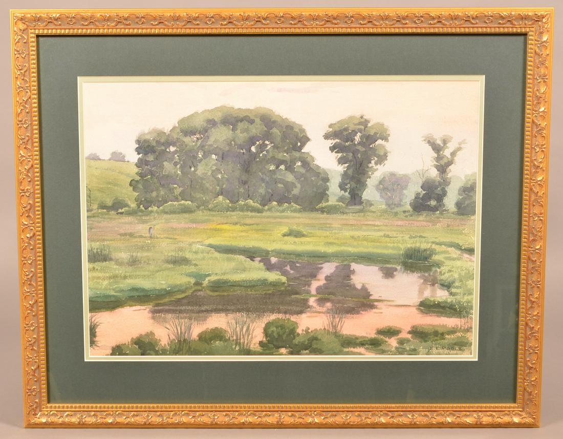 Earl L. Poole Watercolor Landscape Painting.: Earl L. Poole Watercolor Landscape Painting. (Earl L. Poole , Berks County, PA. 1891 - 1972) Signed lower right EL Poole. A summer landscape depicting a heron by a body of water having reflections of 