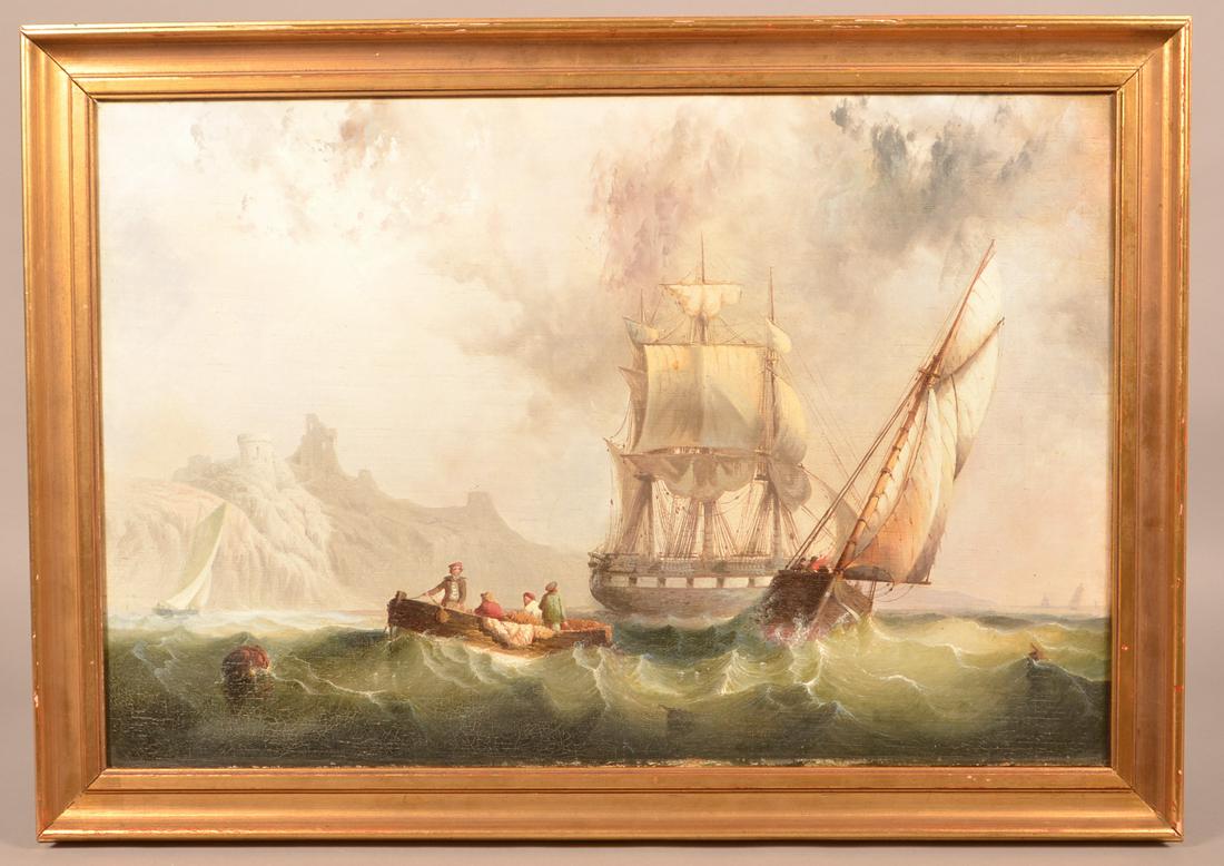 Antique Nautical Oil on Canvas Painting.: Antique Nautical Oil on Canvas Painting. Unsigned. A masted ship and a rescue boat sail near the castles on the cliffs. Circa 1890. Canvas size: 20" x 30". Later gold frame. 24-1/4" x 34-1/4" overall.