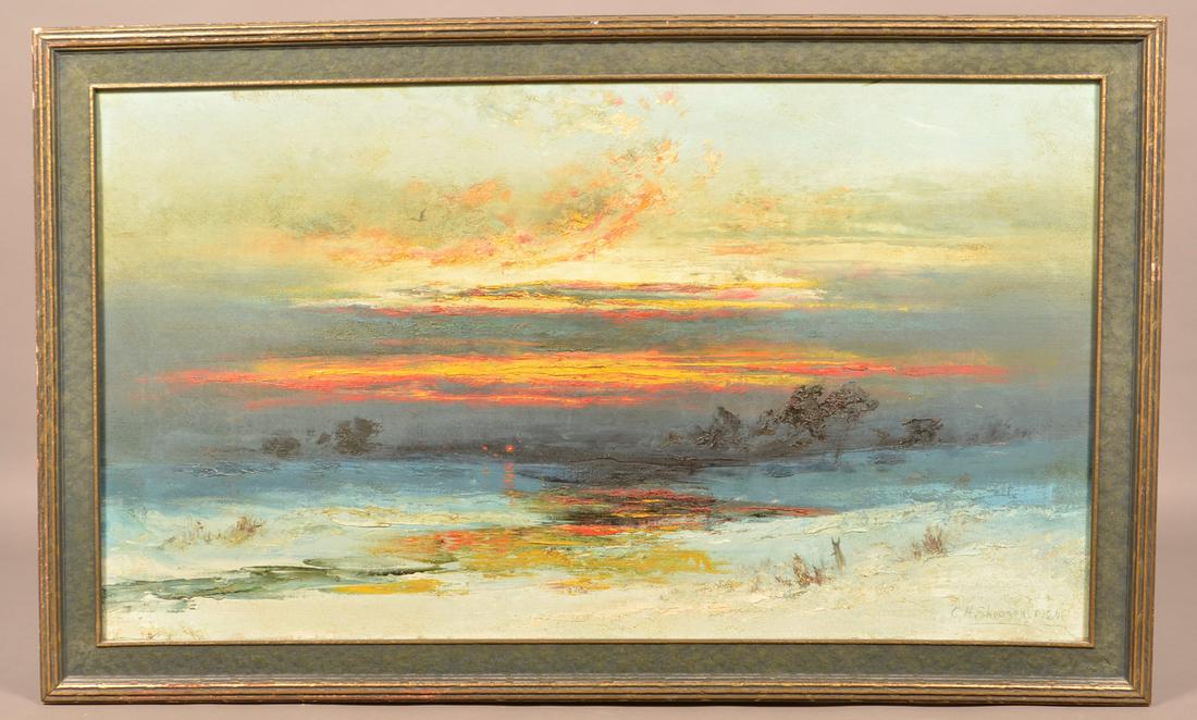 1924 Christopher Shearer Oil on Canvas Winter Sunset.: Christopher Shearer Oil on Canvas Winter Sunset Painting. (Berks Co., PA 1840-1926). Depicts a winter landscape with stream, rabbit and a bird flying under a colorful sunset sky. Signed lower right "C