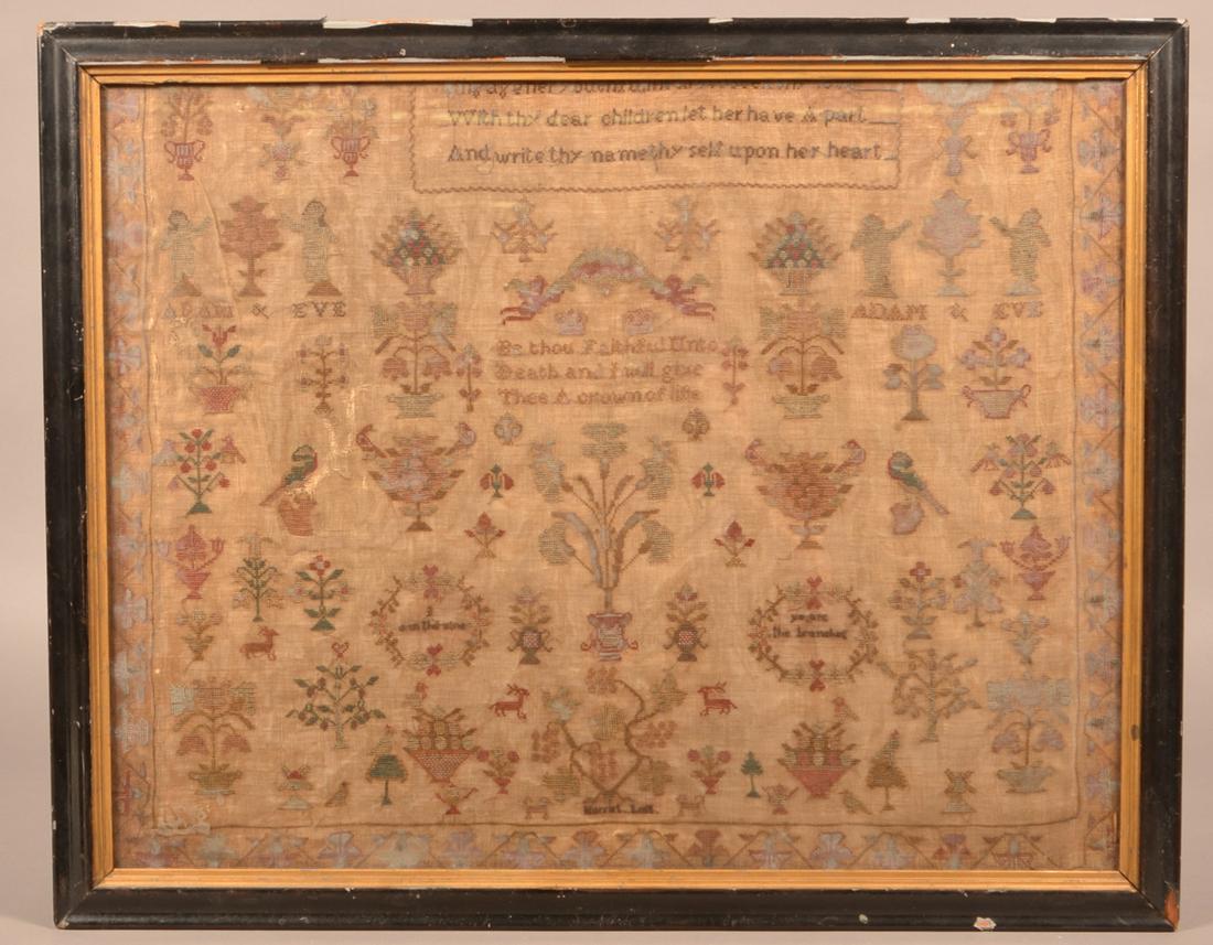 Early 19th Century Needlework Sampler.: Early 19th Century Needlework Sampler. Signed Harriet Loft. Double verse Mirror image with Adam and Eve, angels, crowns, birds and floral devices. Framed, 23" x 28-1/2" overall. Condition: Fair with s