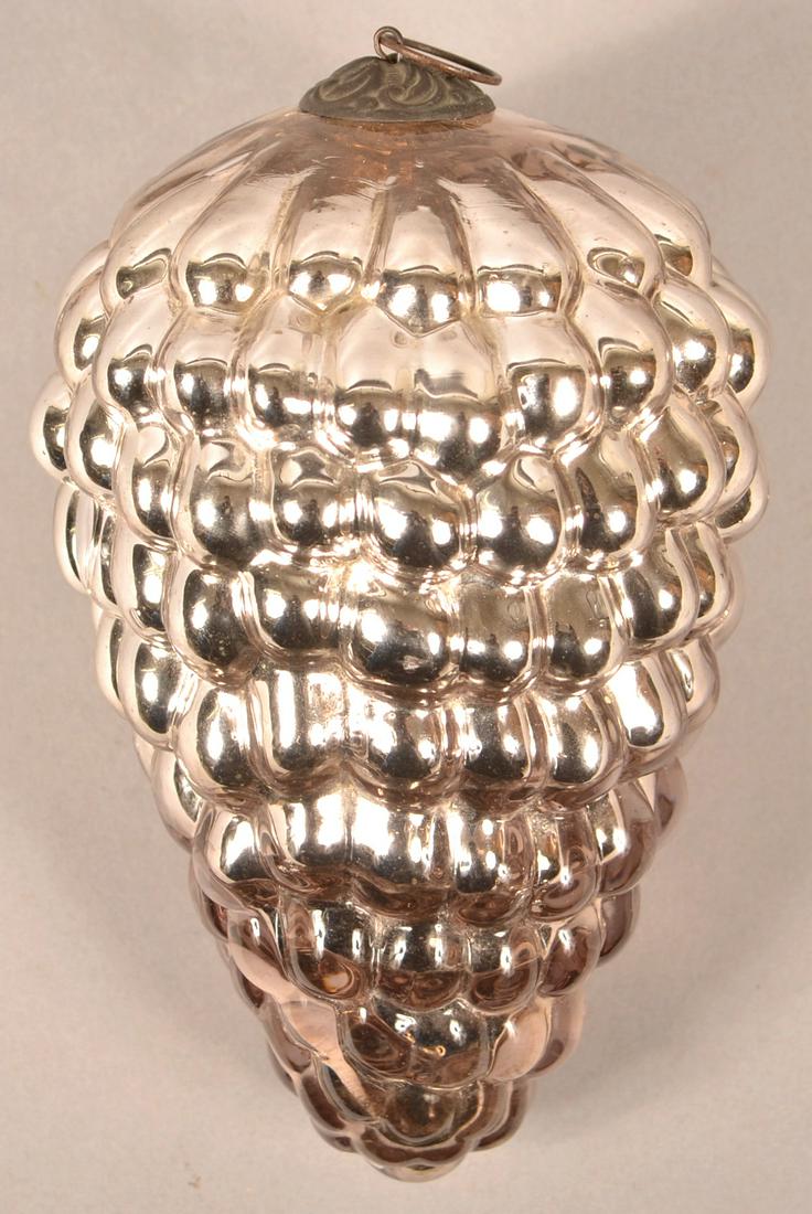 Antique German Silver Glass Cluster of Grapes Kugel.: Antique German Silver Glass Oval B Form Cluster of Grapes Kugel. Baroque cap. 7"l. Condition: Very good.