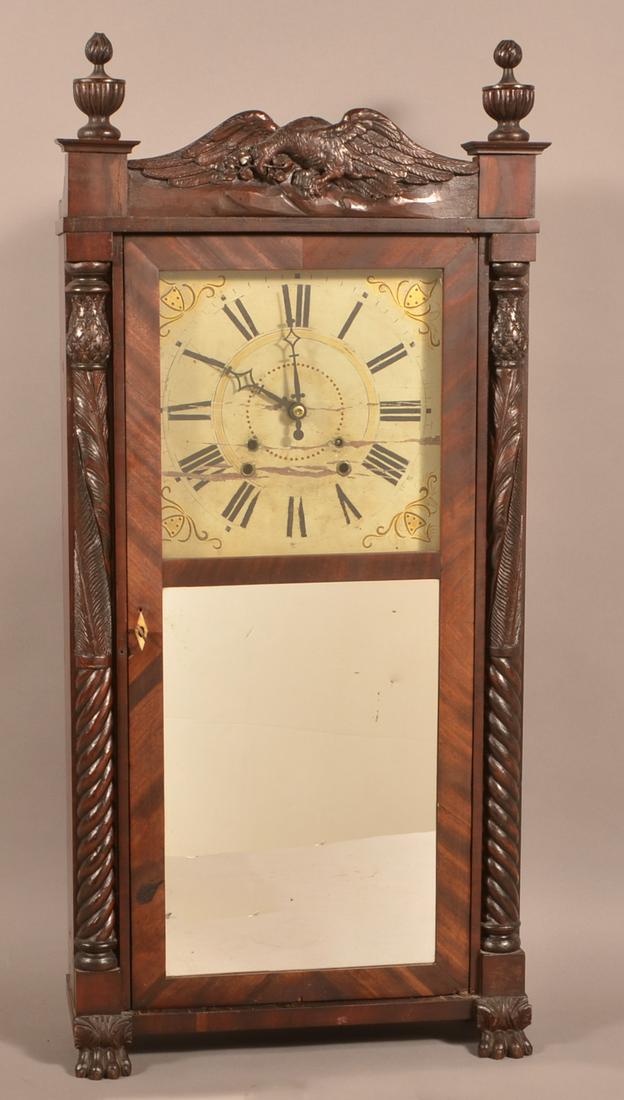 Atkins & Downs for George Mitchell Carved Mahogany: Atkins & Downs for George Mitchell Carved Mahogany Shelf Clock. Original painted wood dial. 37-1/4"h. x 17-1/4"w. x 5-3/4"d. Condition: Good with wear and minor loss. Weight driven works altered to sp