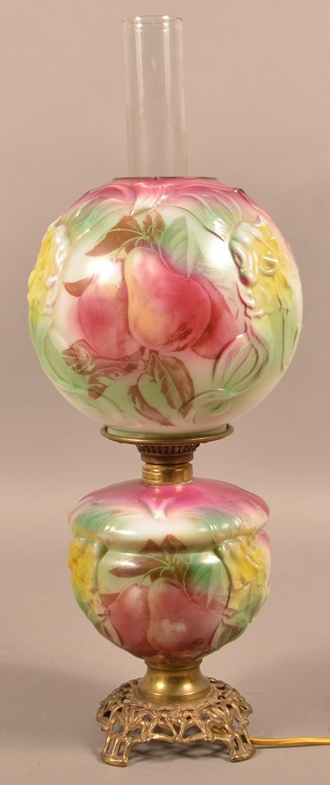 Antique Opaque Glass Gone with the Wind Lamp.: Antique Opaque Glass Gone with the Wind Lamp. Embossed Art Nouveau floral decoration. 19"h. Condition: Good, electrified.