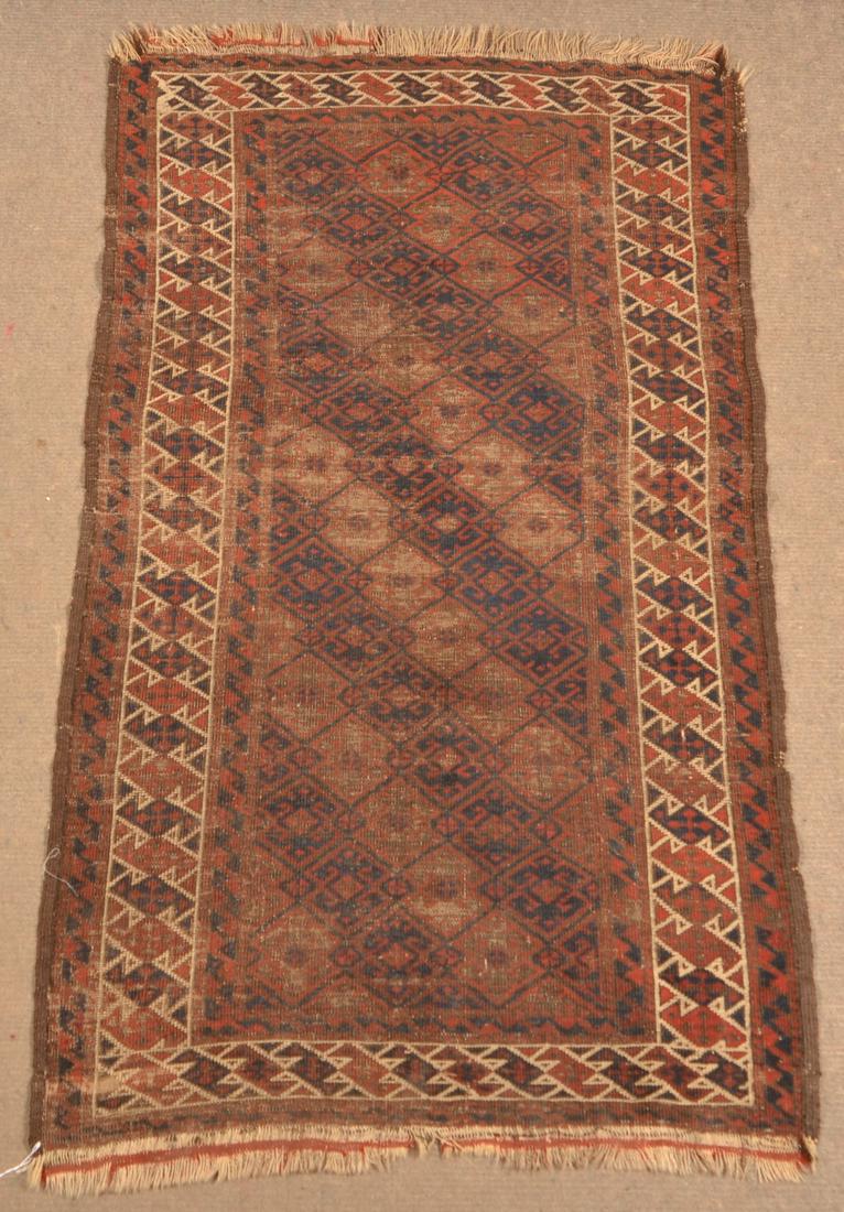 Antique Geometric Pattern Oriental Area Rug.: Antique Geometric Pattern Oriental Area Rug. 2'10" x 4'11". Condition: Fair with wear.