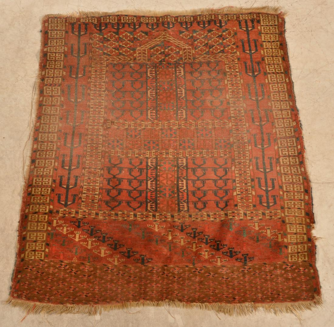 Antique Geometric Pattern Oriental Area Rug.: Antique Geometric Pattern Oriental Area Rug. 3'10" x 4'5". Condition: Fair with wear.