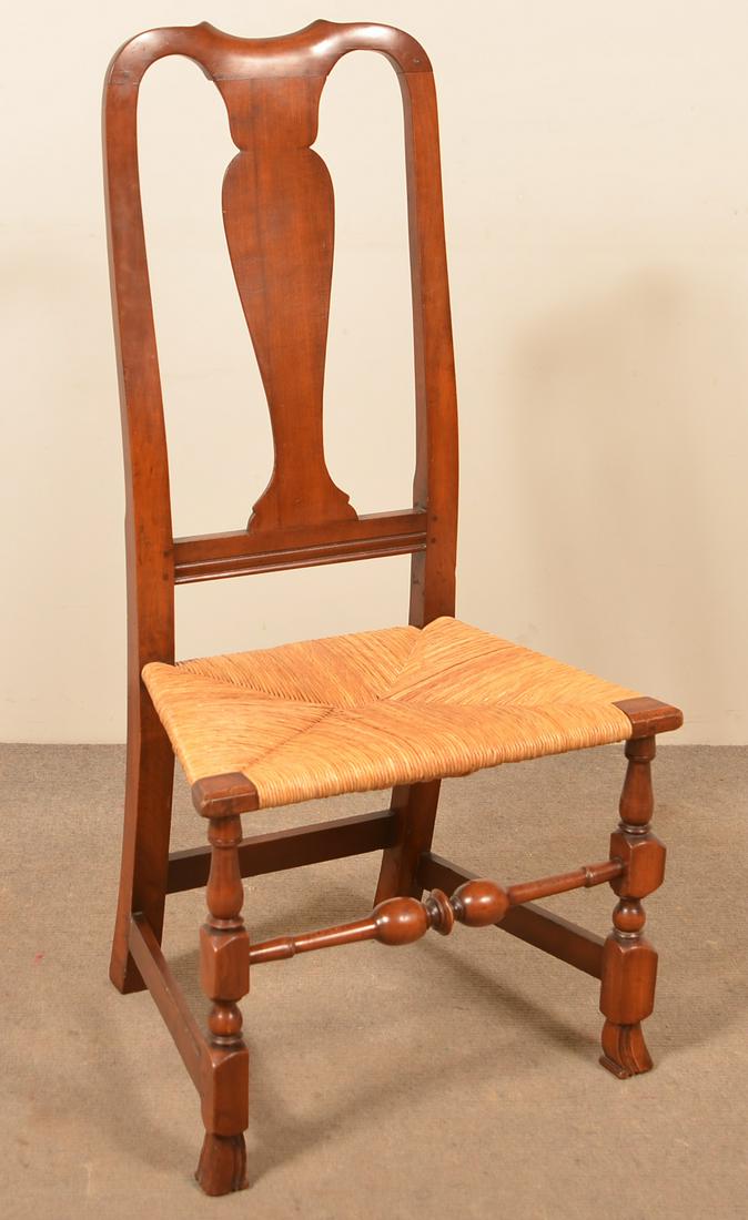 Connecticut Queen Anne Spanish Foot Side Chair.: Connecticut Queen Anne Cherry Spanish Foot Side Chair. Circa. 1740-1760. Seat height 16-1/2"; 41"h. overall. Condition: Good with wear, refinished, rush seat, which was replaced August 2002.