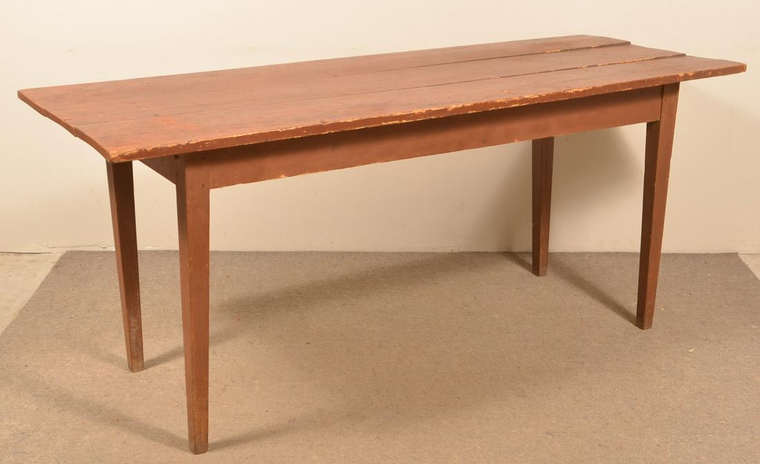 PA Country Hepplewhite Mixed Wood Harvest Table.: Pennsylvania Country Hepplewhite Mixed-Wood Three-Board Harvest Table. Old red paint and tapered legs. 30-1/2"h. x 73"w. x 28"d. Condition: Good with wear.